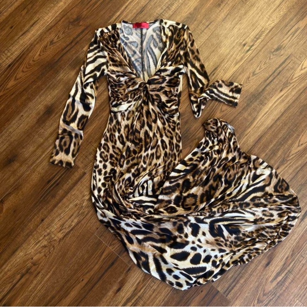 Elegant cheetah print Print Long Sleeve maxi Dress - leopard print